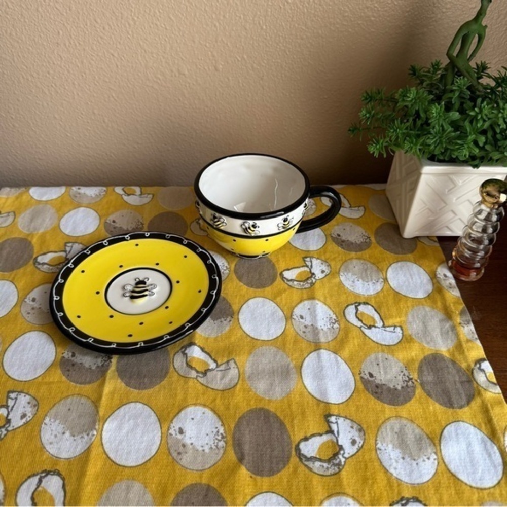Yellow and black bumble bee teacup and matching saucer